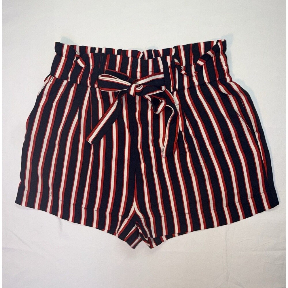 Ambiance Apparel Women’s Small Navy Red White Striped Paperbag Tie Waist Shorts